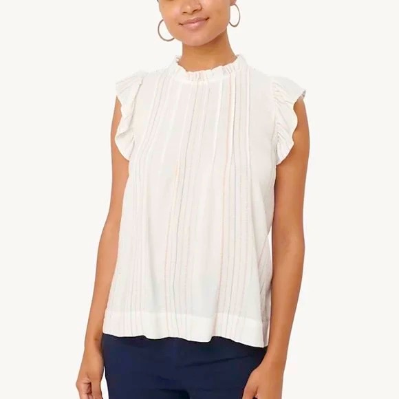 LOFT Shimmer Stripe Pintucked Flutter Tank Top Size Small - Picture 2 of 9